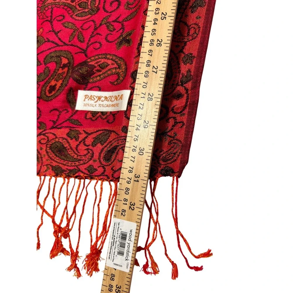 Pashmina Red Orange Paisley Silk Cashmere Blend Fringed Shawl Wrap Scarf Elegant